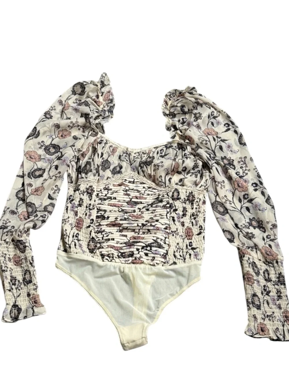 FREE PEOPLE “Brunch Date” Cream Floral Bodysuit w/ Smocking Size Large — NWOT!!!